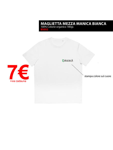 Maglietta Mezza Manica Bianca 100% cotone organico 180gr con stampa a colori sul cuore