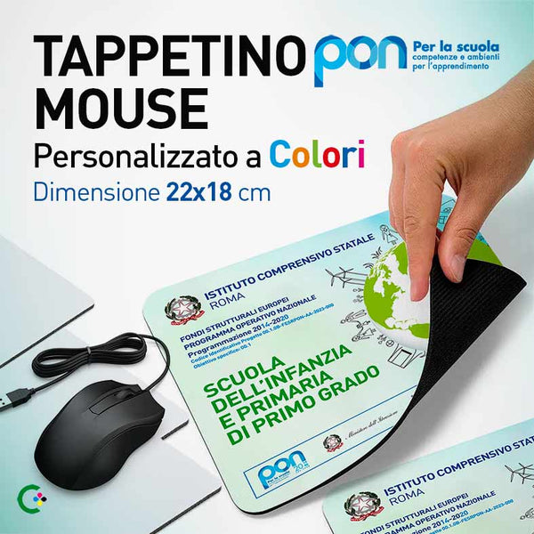Tappetino per Mouse personalizzato a colori. Formato 220x180x3mm  - PON Scuole Comuni PNRR